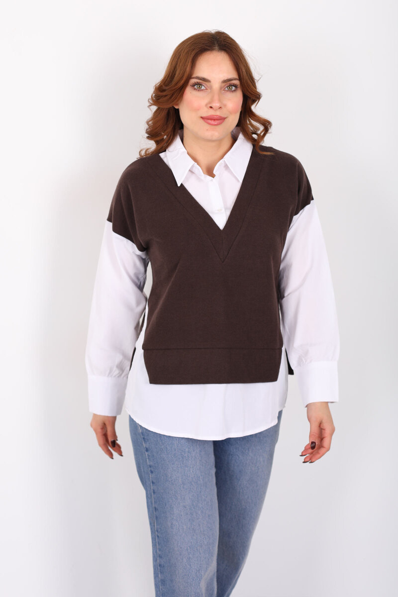 V Yaka Selanik Süveter Kahverengi Gömlek Bluz - 3