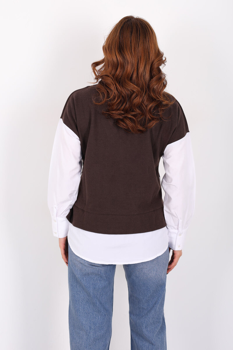 V Yaka Selanik Süveter Kahverengi Gömlek Bluz - 4