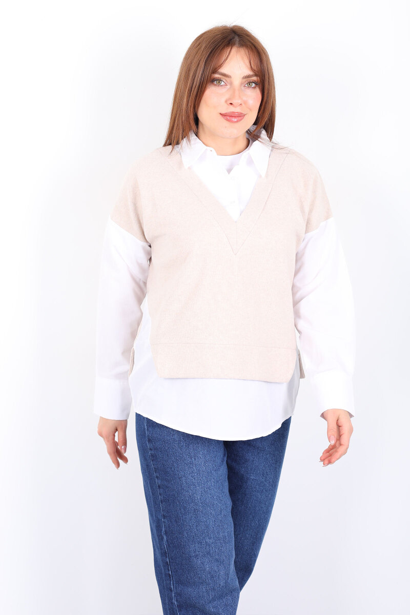 V Yaka Selanik Süveter Krem Gömlek Bluz - 3