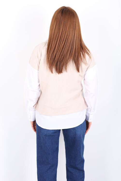 V Yaka Selanik Süveter Krem Gömlek Bluz - 5