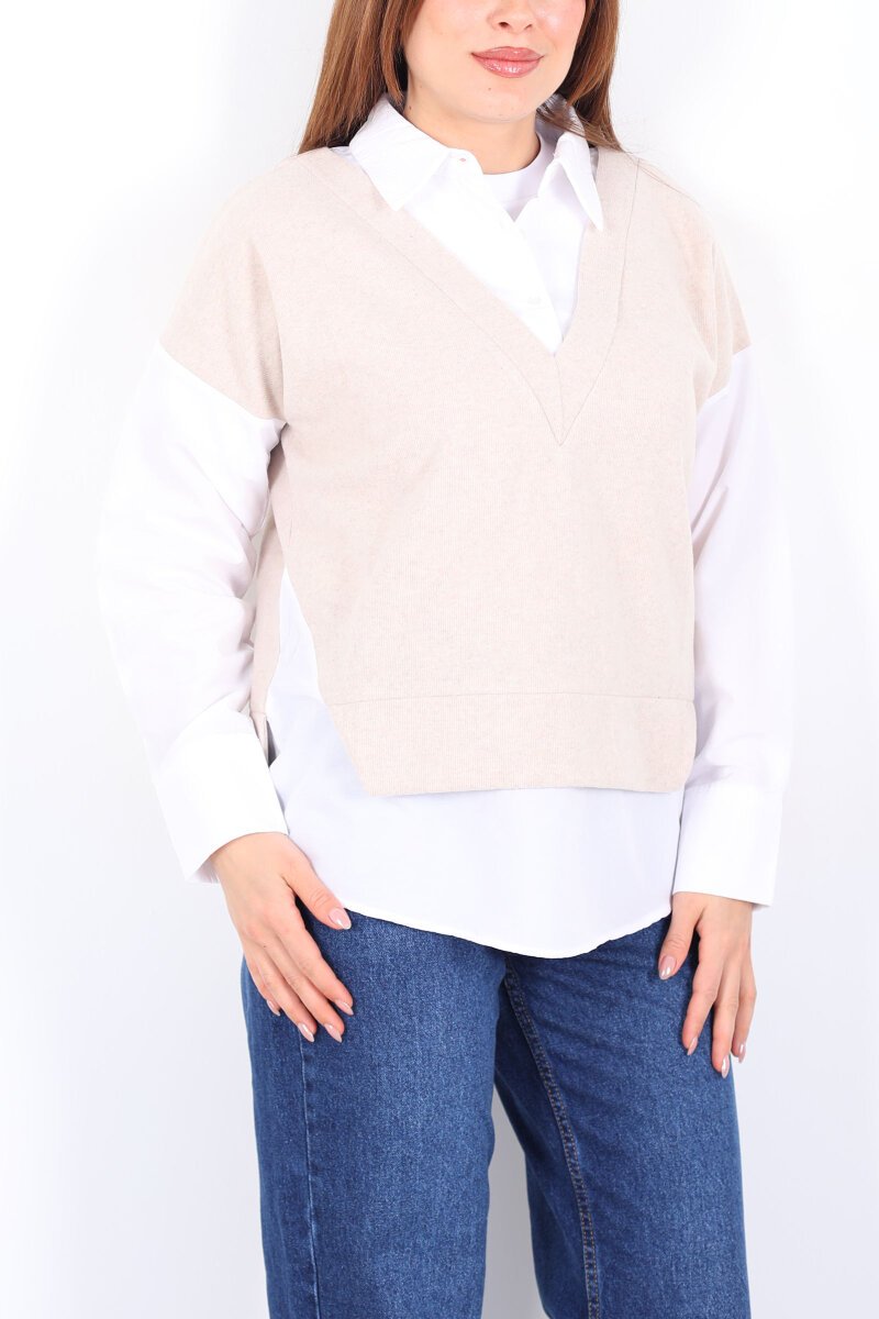 V Yaka Selanik Süveter Krem Gömlek Bluz - 2