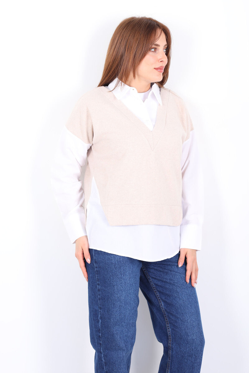 V Yaka Selanik Süveter Krem Gömlek Bluz - 4