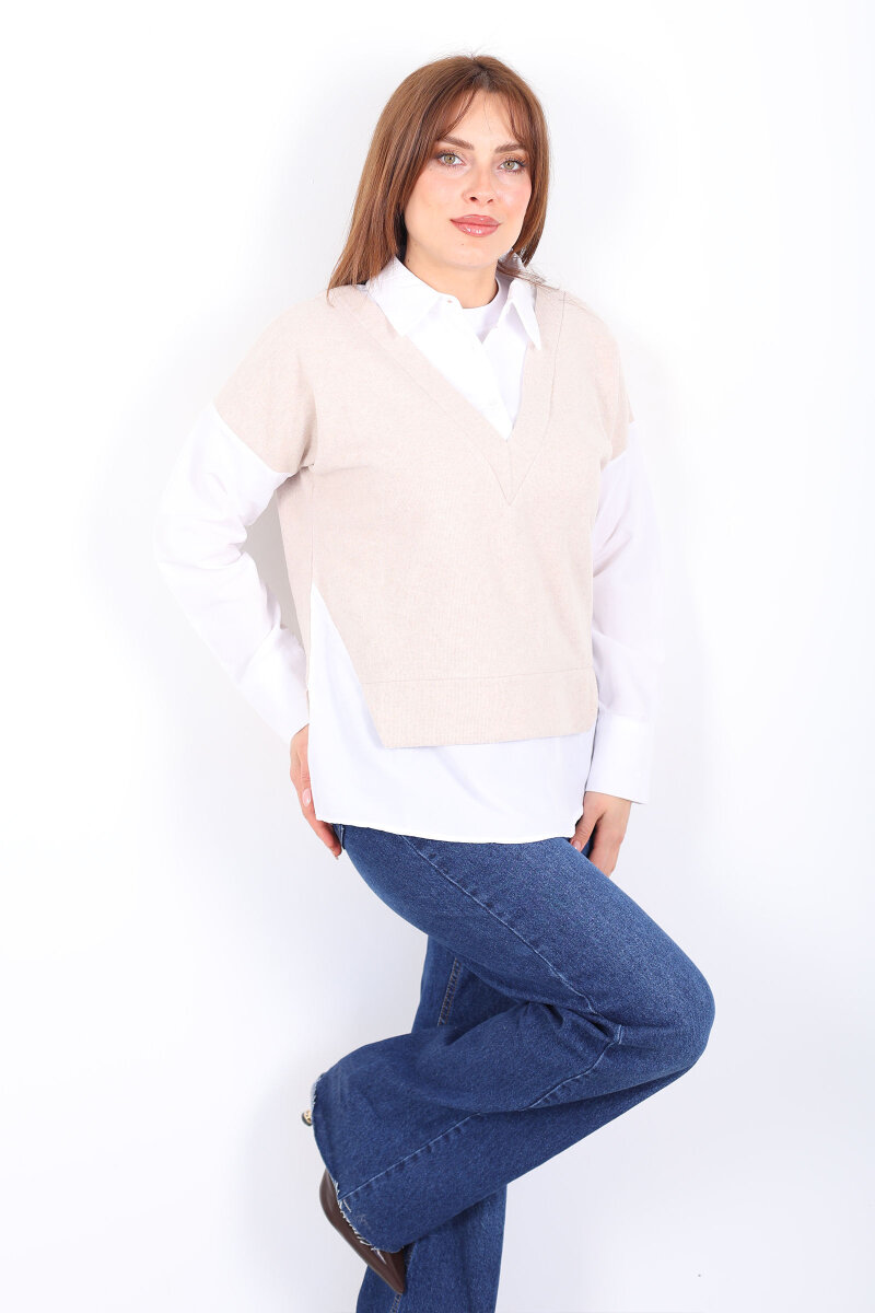 V Yaka Selanik Süveter Krem Gömlek Bluz - 1