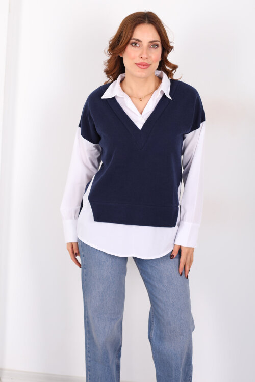 V Yaka Selanik Süveter Lacivert Gömlek Bluz - 3