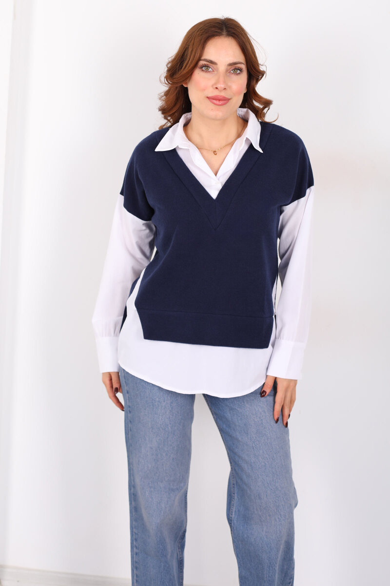 V Yaka Selanik Süveter Lacivert Gömlek Bluz - 3