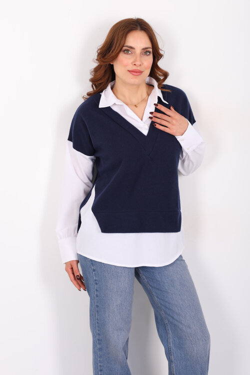 V Yaka Selanik Süveter Lacivert Gömlek Bluz 