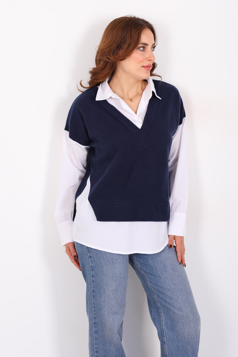 V Yaka Selanik Süveter Lacivert Gömlek Bluz - 4