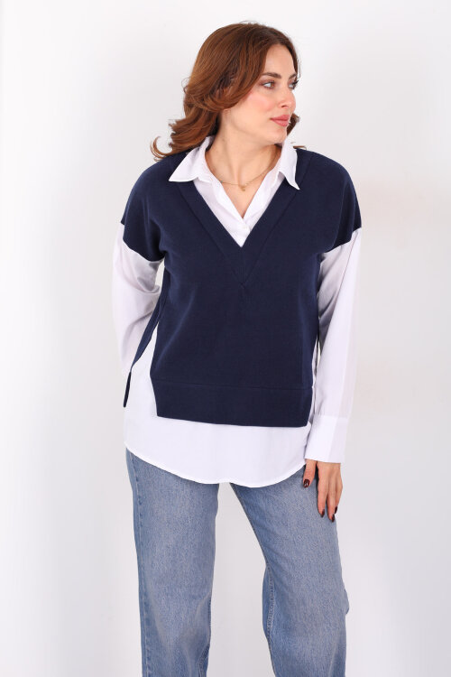 V Yaka Selanik Süveter Lacivert Gömlek Bluz - 6