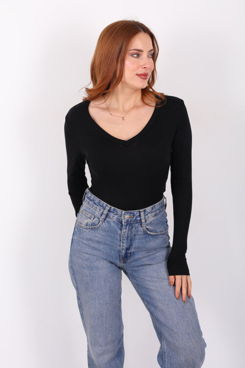V Yaka Siyah Kadın Basic Bluz - 3