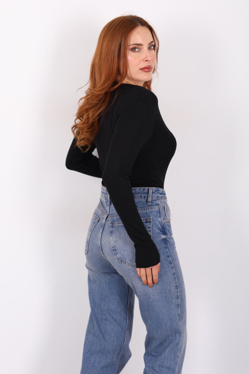 V Yaka Siyah Kadın Basic Bluz - 4