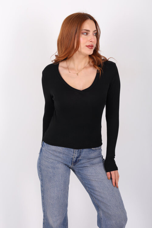 V Yaka Siyah Kadın Basic Bluz - 5