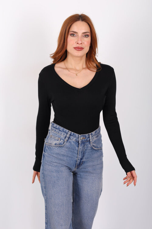 V Yaka Siyah Kadın Basic Bluz - Berox
