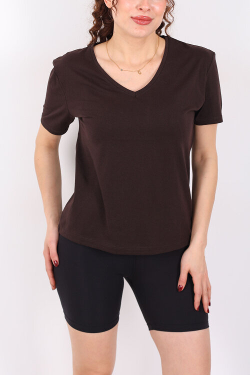 V Yaka Slim Acı Kahve Kadın T-Shirt - Berox (1)