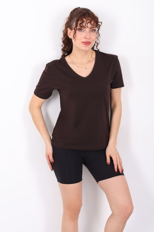 V Yaka Slim Acı Kahve Kadın T-Shirt - Berox