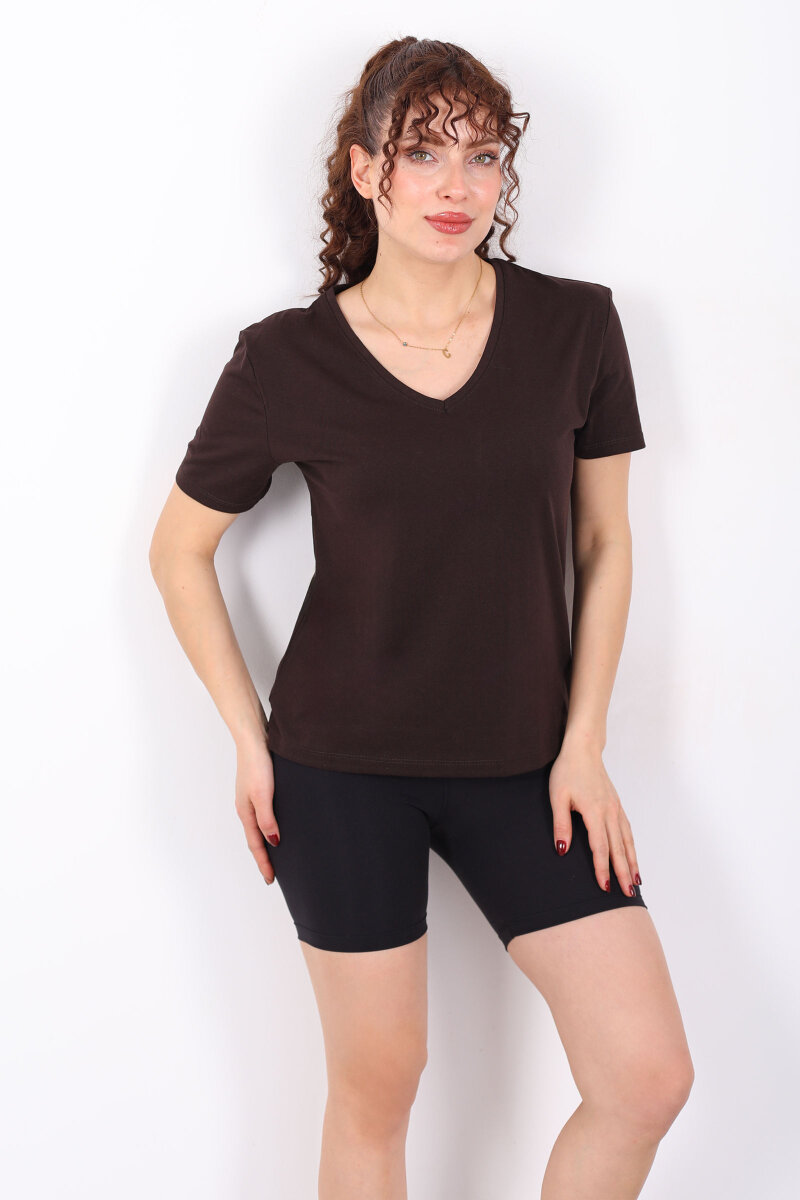 V Yaka Slim Acı Kahve Kadın T-Shirt - 1
