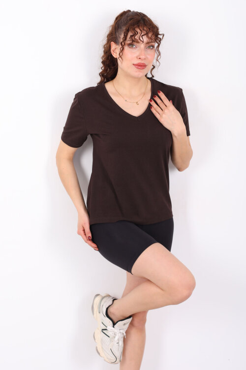 V Yaka Slim Acı Kahve Kadın T-Shirt - 3