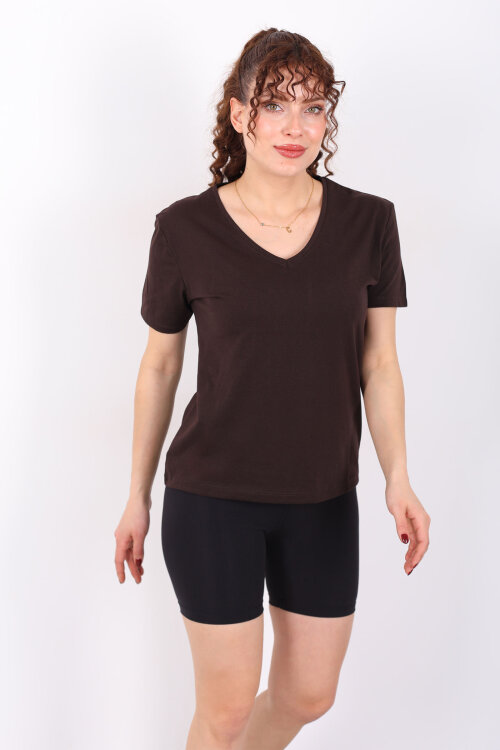 V Yaka Slim Acı Kahve Kadın T-Shirt - 5