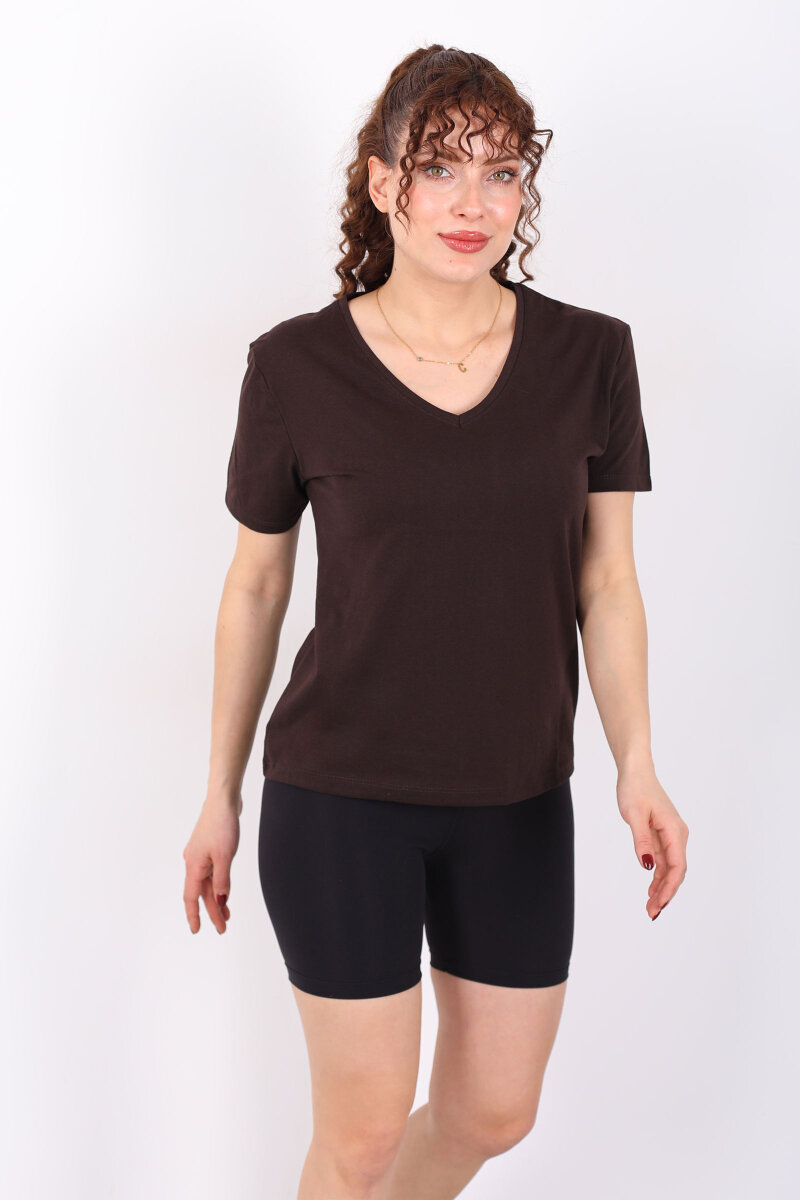V Yaka Slim Acı Kahve Kadın T-Shirt - 5