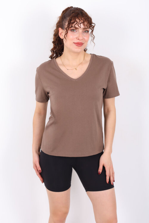V Yaka Slim Açık Kahve Kadın T-Shirt - 4