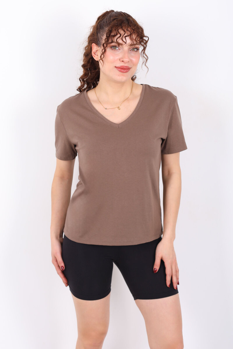 V Yaka Slim Açık Kahve Kadın T-Shirt - 4