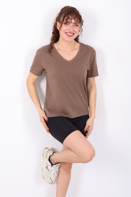 V Yaka Slim Açık Kahve Kadın T-Shirt - 3