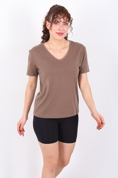 V Yaka Slim Açık Kahve Kadın T-Shirt - 6