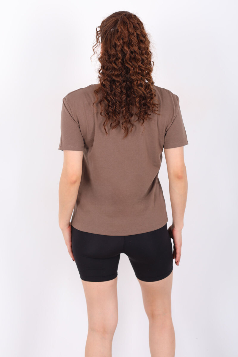 V Yaka Slim Açık Kahve Kadın T-Shirt - 5