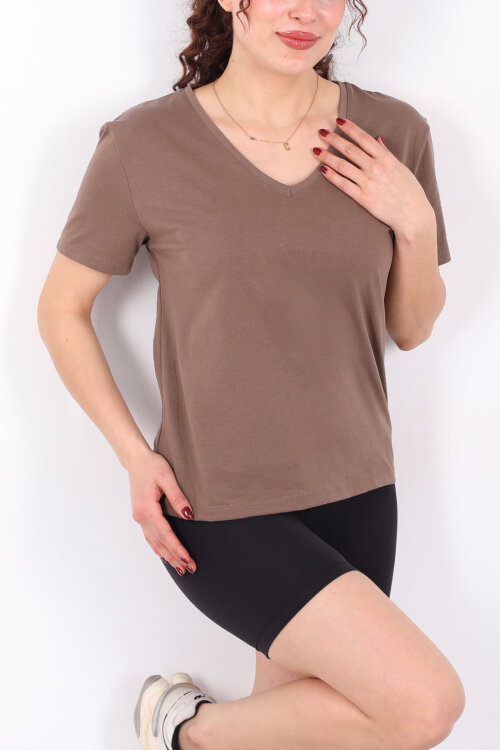 V Yaka Slim Açık Kahve Kadın T-Shirt - Berox (1)