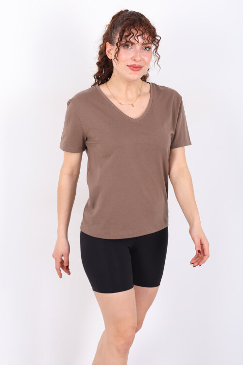 V Yaka Slim Açık Kahve Kadın T-Shirt - Berox