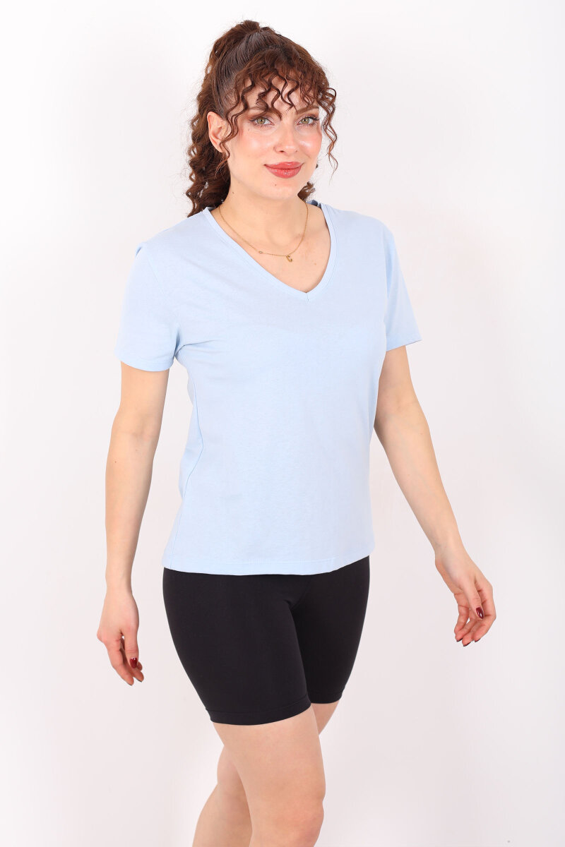 V Yaka Slim Bebe Mavi Kadın T-Shirt - 3