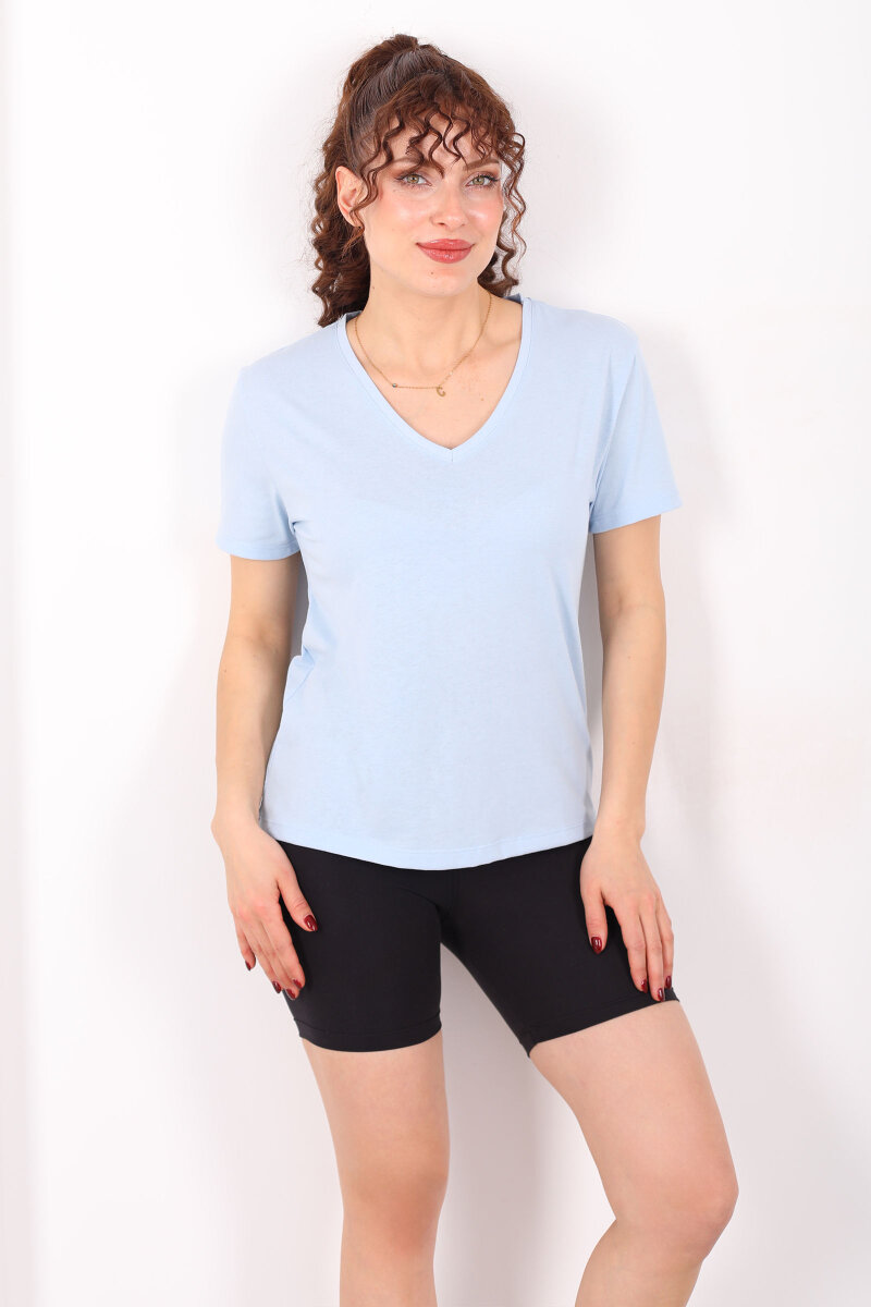 V Yaka Slim Bebe Mavi Kadın T-Shirt - 5