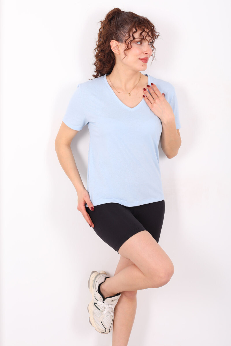 V Yaka Slim Bebe Mavi Kadın T-Shirt - 1