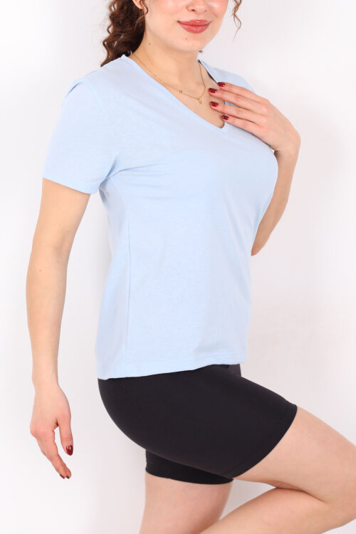 V Yaka Slim Bebe Mavi Kadın T-Shirt - Berox (1)
