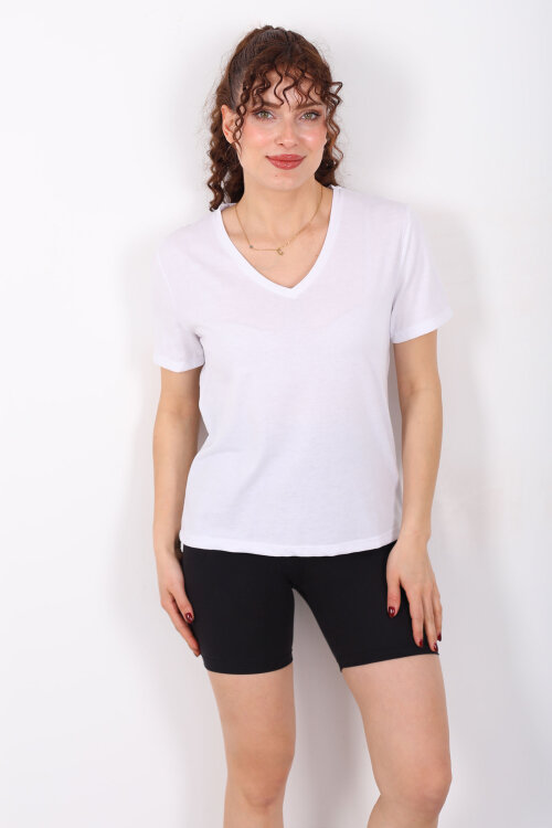 V Yaka Slim Beyaz Kadın T-Shirt - 5
