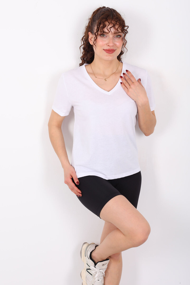 V Yaka Slim Beyaz Kadın T-Shirt - 4