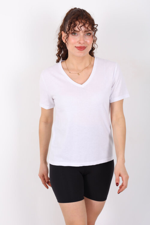 V Yaka Slim Beyaz Kadın T-Shirt - 3