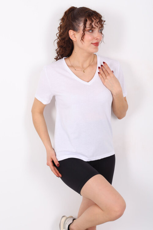 V Yaka Slim Beyaz Kadın T-Shirt 