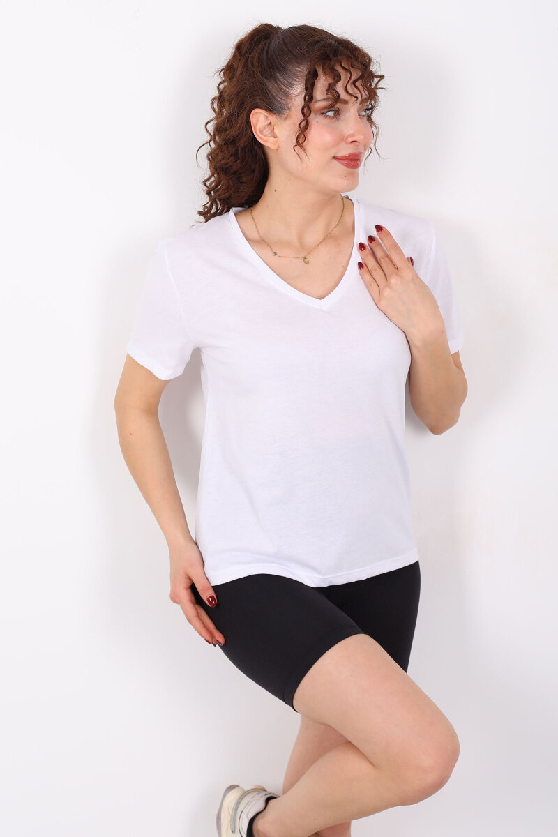 V Yaka Slim Beyaz Kadın T-Shirt - 1