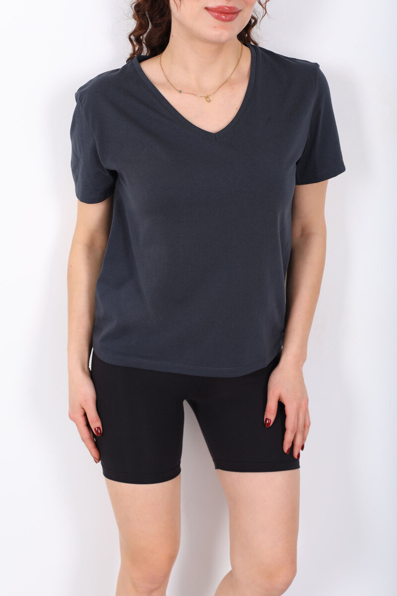 V Yaka Slim Füme Kadın T-Shirt - 2