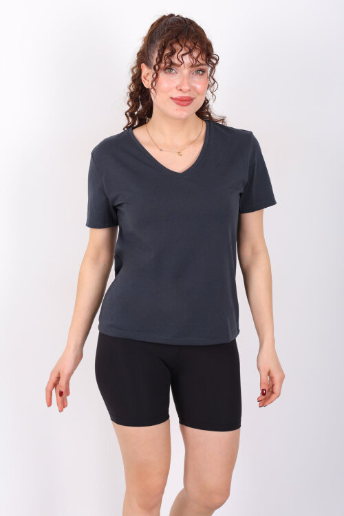 V Yaka Slim Füme Kadın T-Shirt - 3