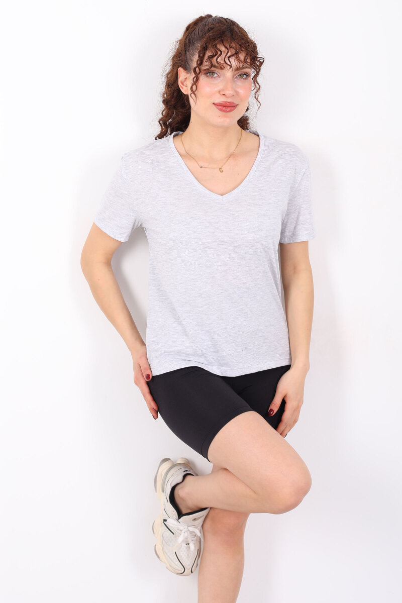 V Yaka Slim Gri Kadın T-Shirt - 1