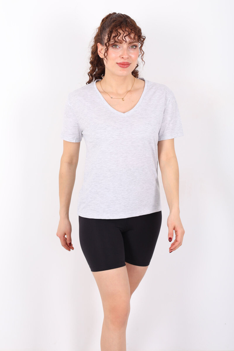 V Yaka Slim Gri Kadın T-Shirt - 3