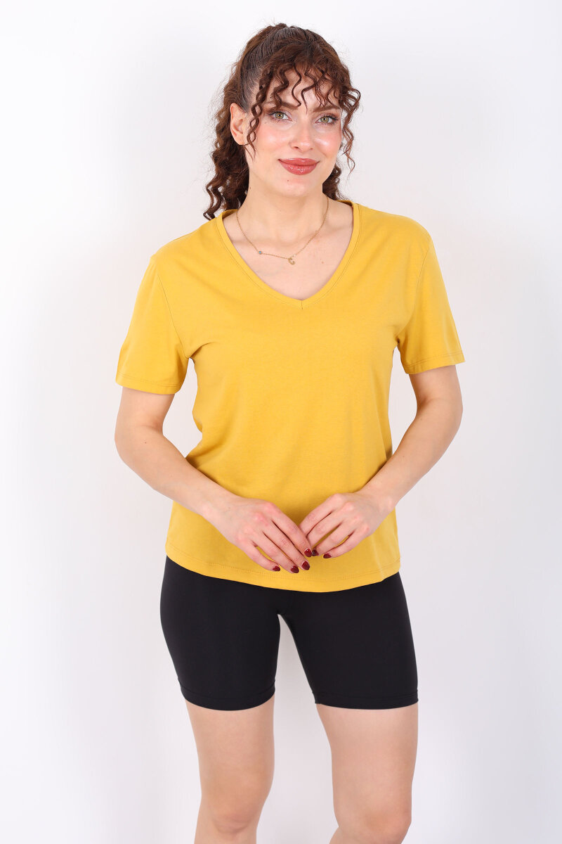 V Yaka Slim Hardal Sarı Kadın T-Shirt - 3