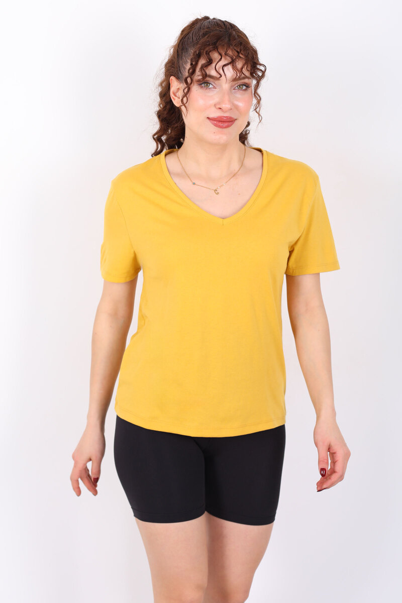 V Yaka Slim Hardal Sarı Kadın T-Shirt - 5