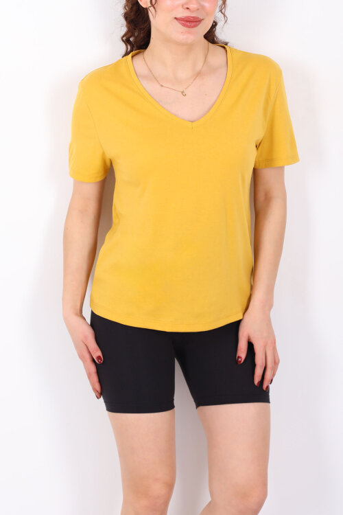 V Yaka Slim Hardal Sarı Kadın T-Shirt - Berox (1)
