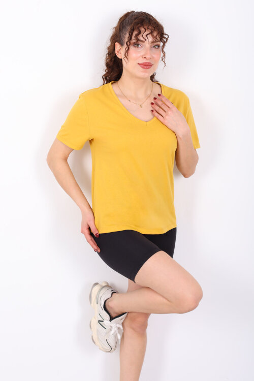V Yaka Slim Hardal Sarı Kadın T-Shirt - Berox