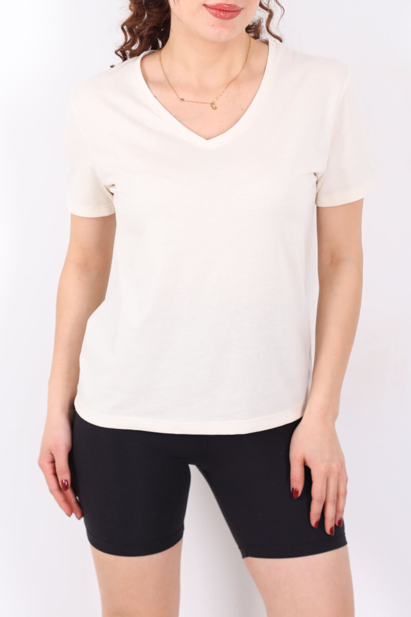 V Yaka Slim Krem Kadın T-Shirt - 2