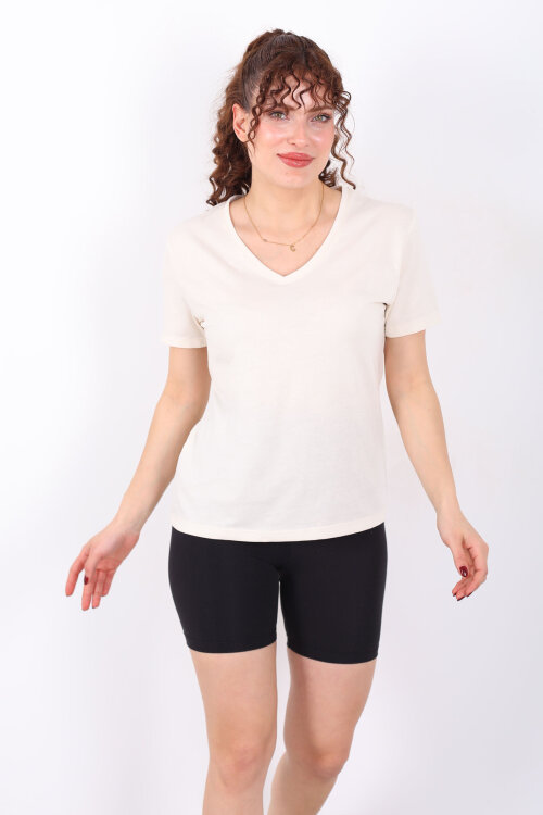 V Yaka Slim Krem Kadın T-Shirt 