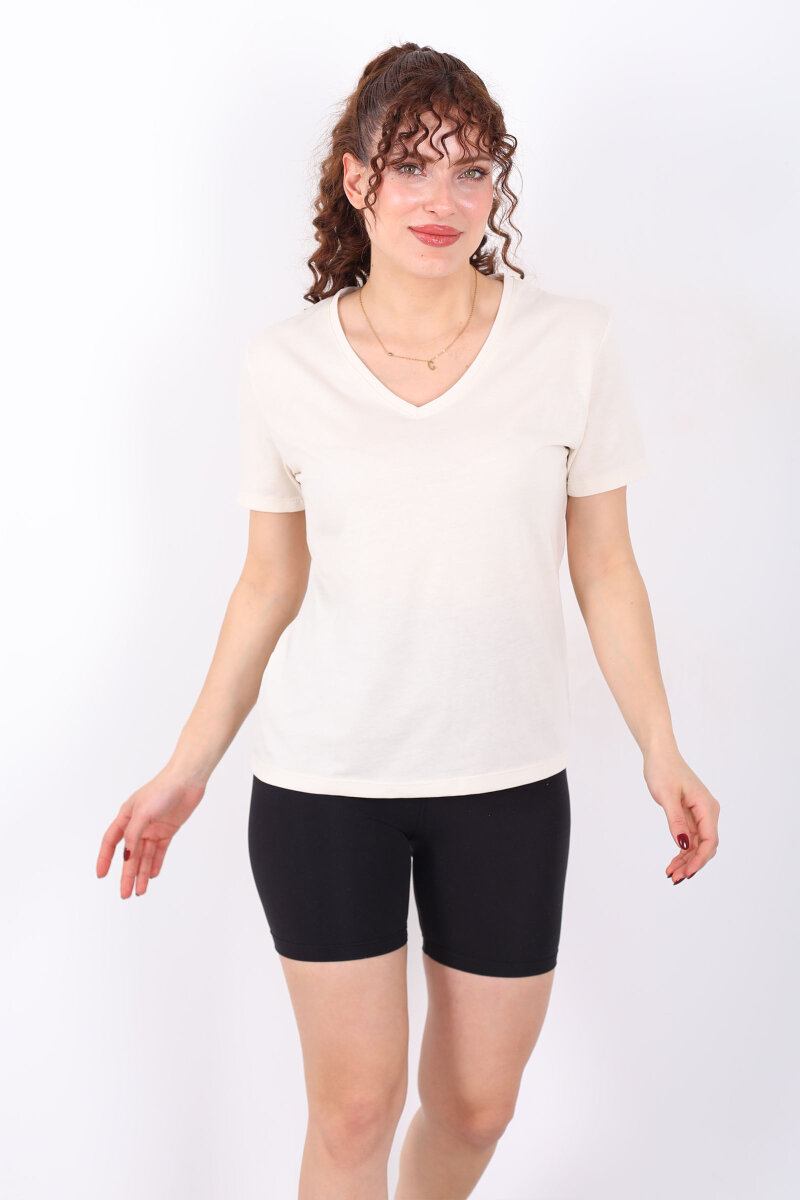 V Yaka Slim Krem Kadın T-Shirt - 1