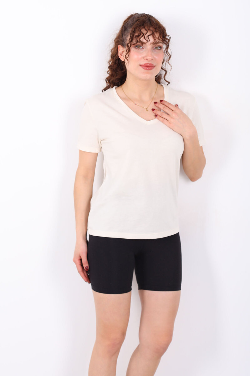 V Yaka Slim Krem Kadın T-Shirt - 6